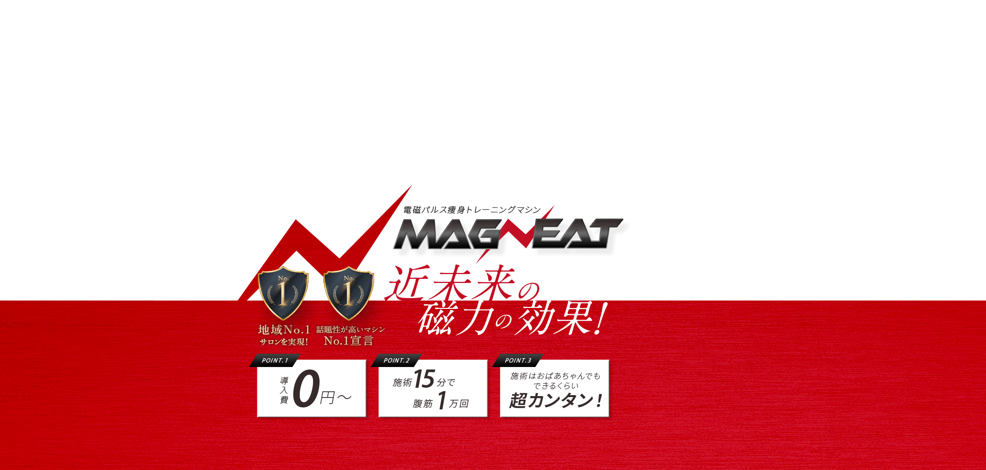 地域No.1 サロンを実現！ 話題性が高いマシン No.1宣言 近未来の磁力の効果！ POINT.1 導入費0円〜 POINT.2 施術15分で腹筋2万回 POINT.3 施術はおばあちゃんでもできるくらい超カンタン！